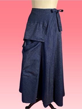 Vintage Handmade Denim Wrap Maxi Skirt with Asymmetrical Pocket Detail XS-S